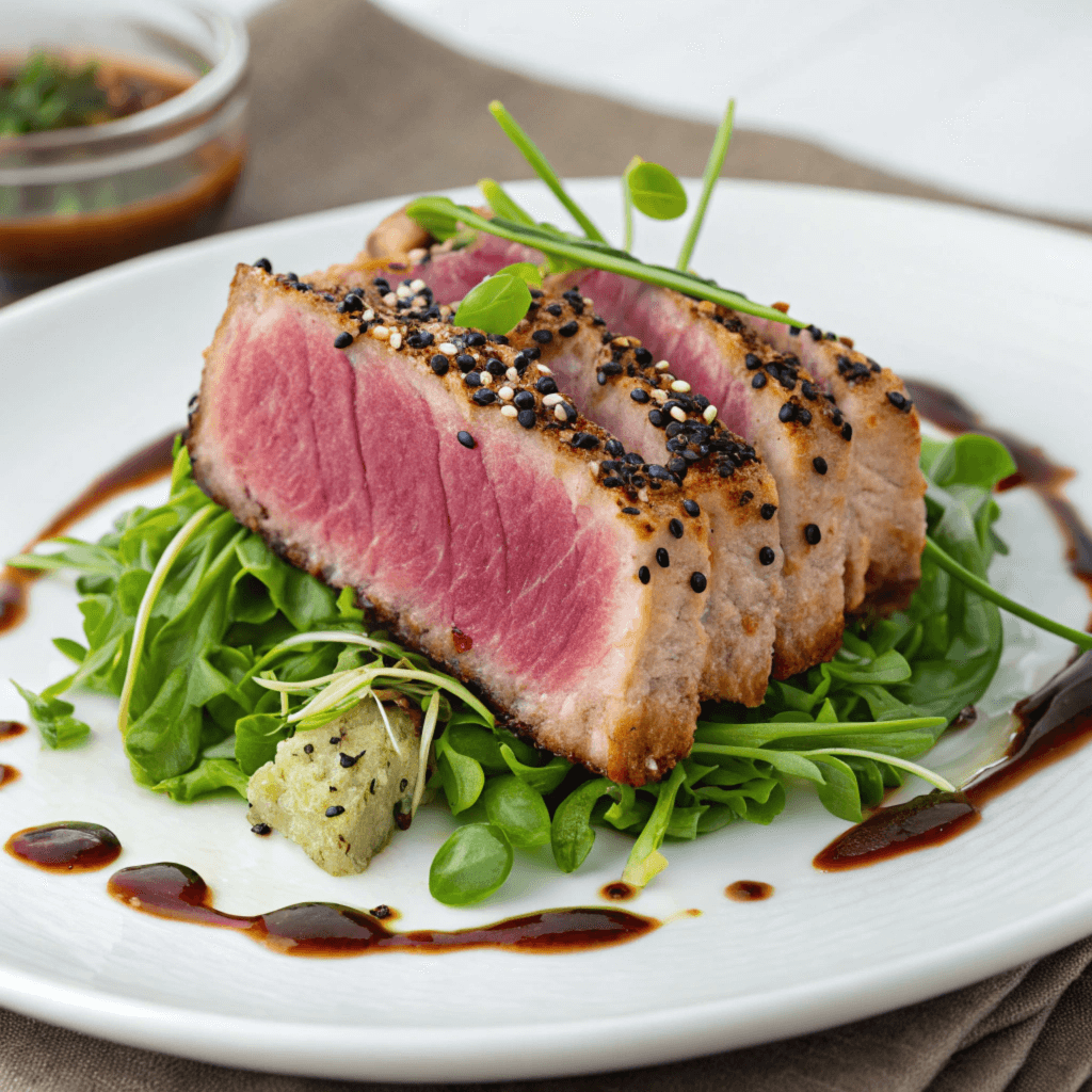 Seared ahi tuna slices with sesame seeds and soy sauce