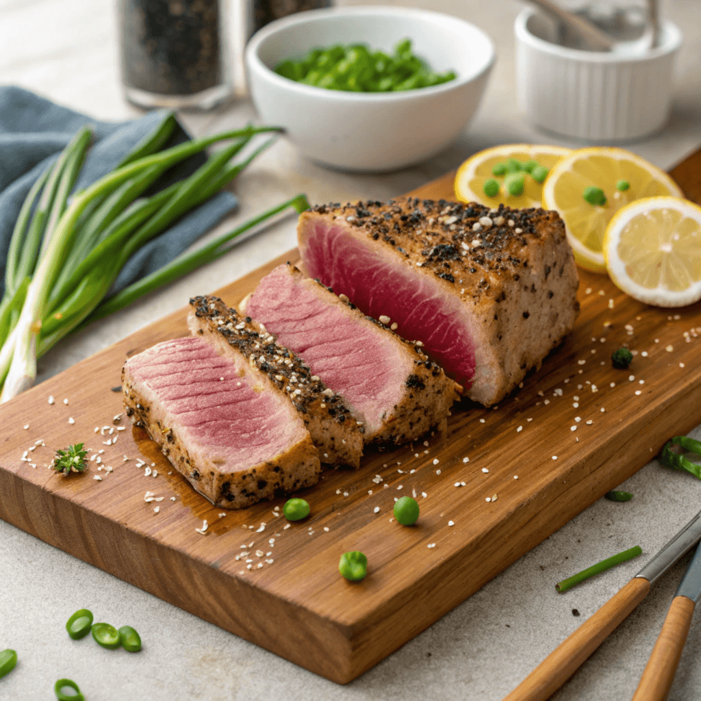 Pan-seared ahi tuna steak on a cast-iron skillet