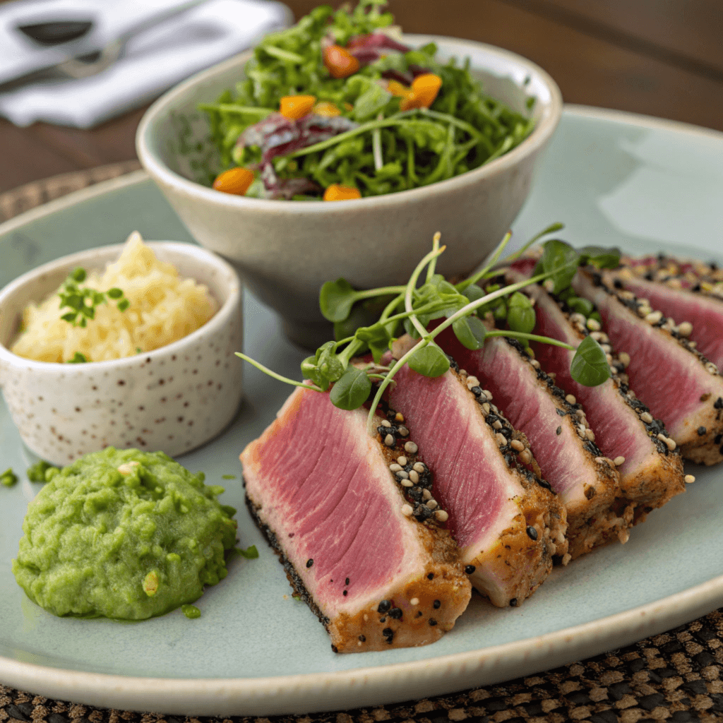 Sliced seared ahi tuna served with avocado and rice