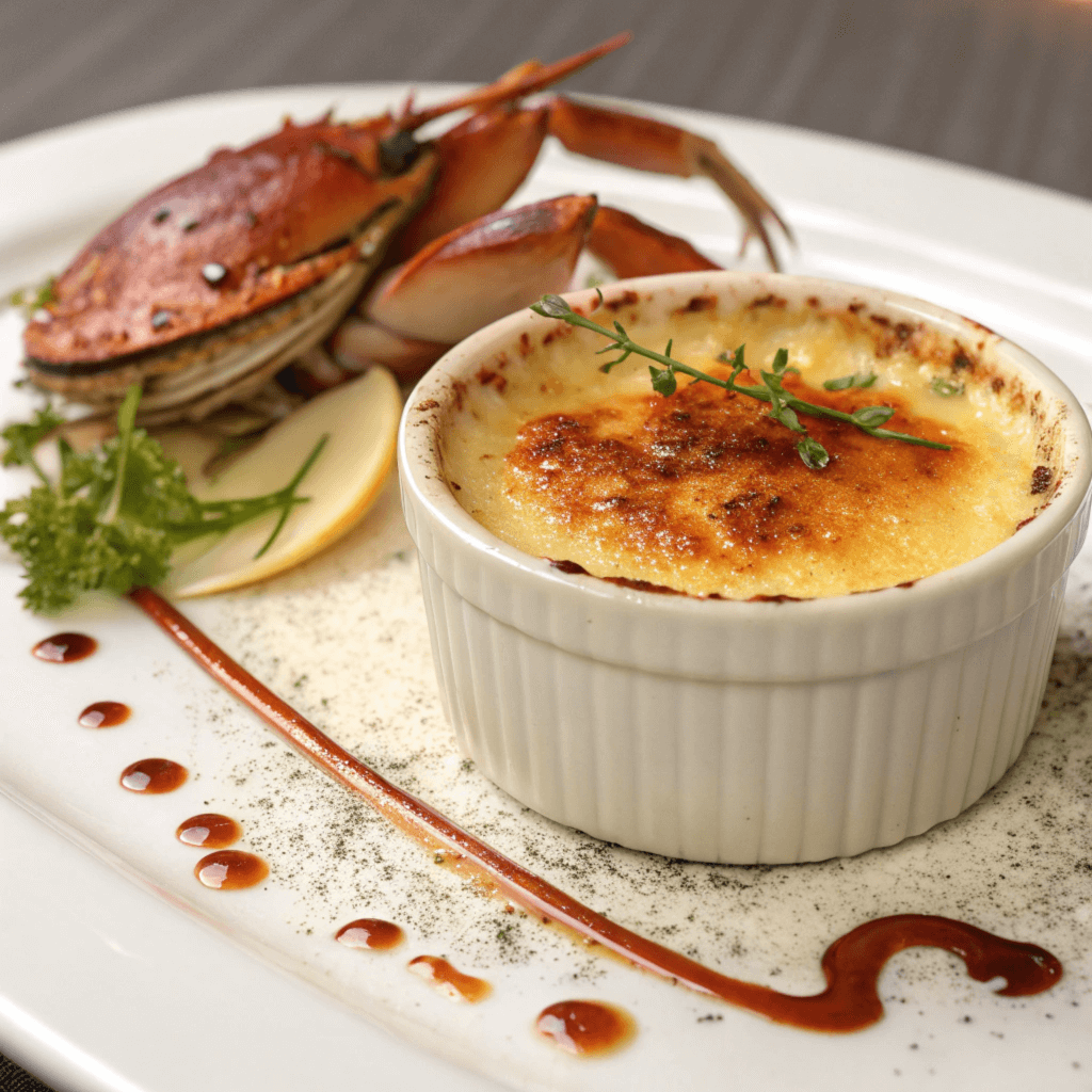 Preparing the base mixture for a crab brulee recipe with crab meat, cream, and seasonings in a kitchen setting.