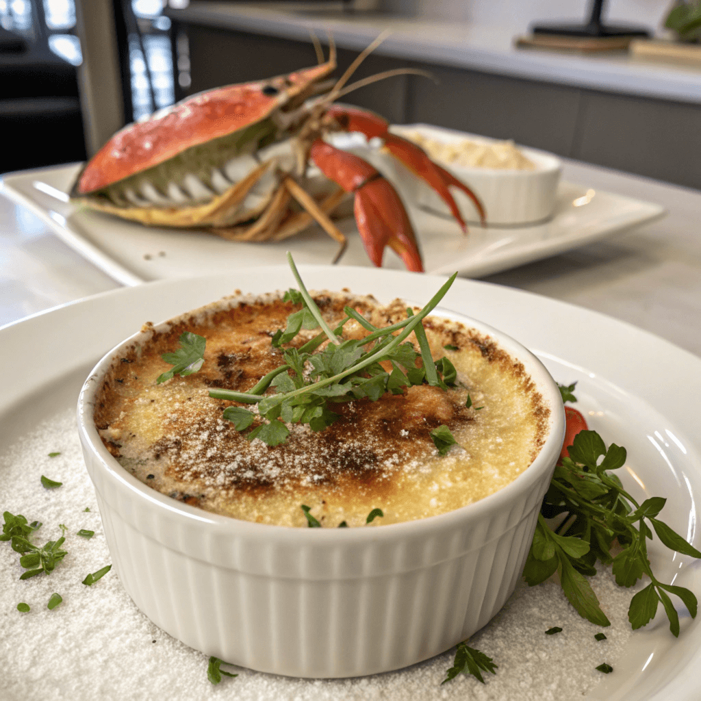 Gourmet Crab Brulee Garnished with Fresh Herbs