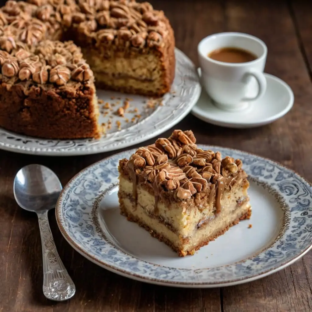 A slice of coffee cake with a crumb topping and drizzled frosting on a decorative plate, served alongside a cup of coffee and the rest of the cake in the background.