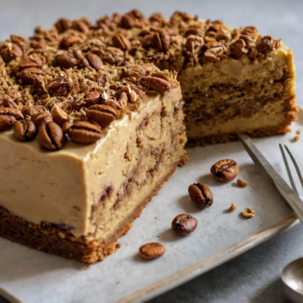 Close-up of a layered coffee cake topped with pecans and a creamy glaze, with a slice removed to reveal the swirled interior.