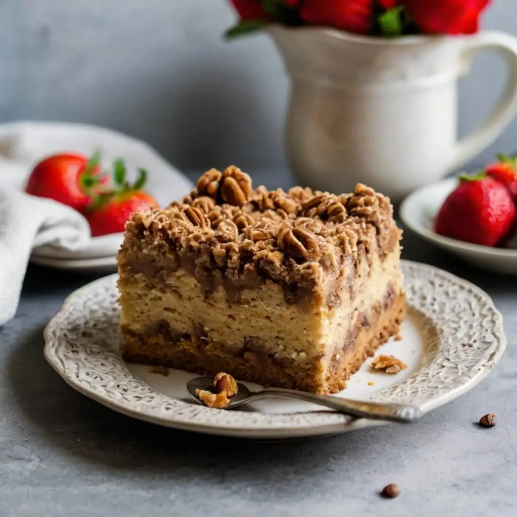 A slice of coffee cake with a crumb topping and pecans on a decorative plate, served with fresh strawberries and a pitcher in the background.