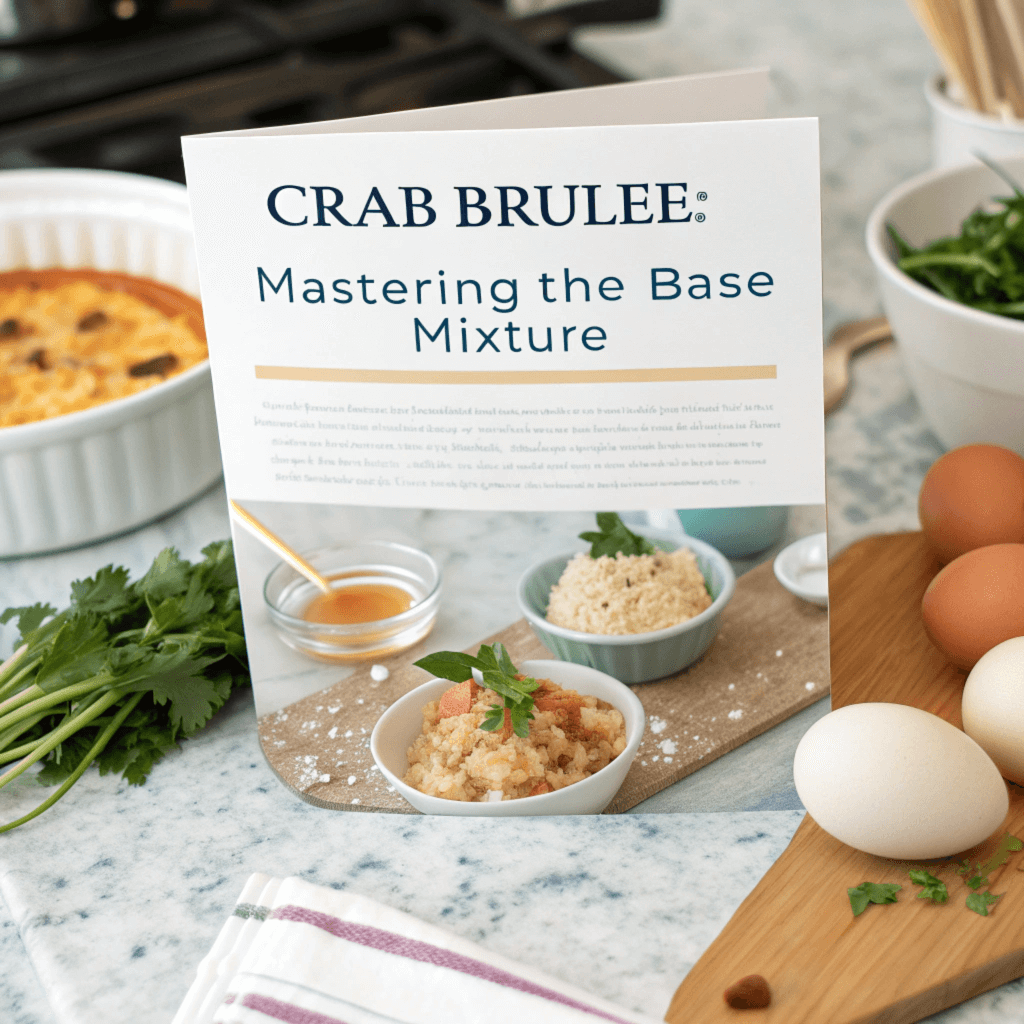 Essential ingredients and equipment for making perfect crab brulee, including fresh crab, cream, seasonings, ramekins, and a culinary torch.