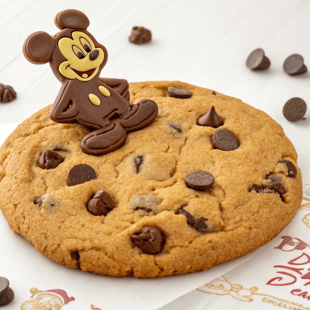 Disney chocolate chip cookie recipe with metric measurements, featuring a baking guide and ingredients like flour, sugar, and chocolate chips.