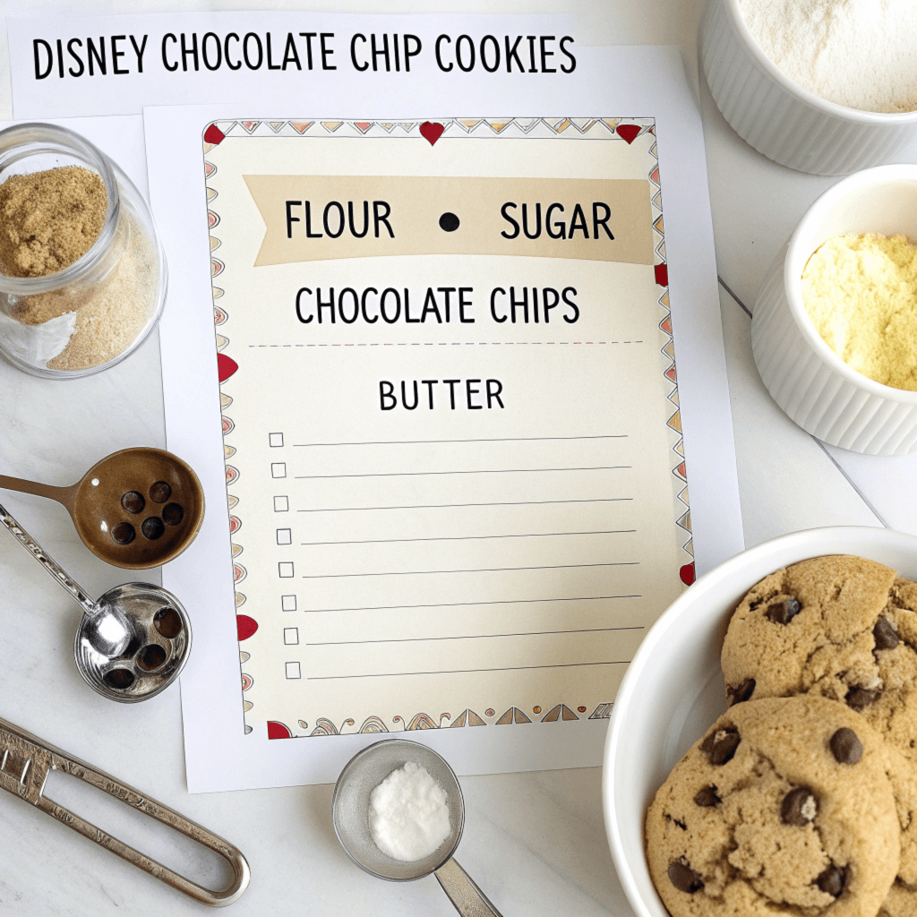 Disney chocolate chip cookie recipe with ingredients like flour, sugar, butter, and chocolate chips displayed alongside baking tools.