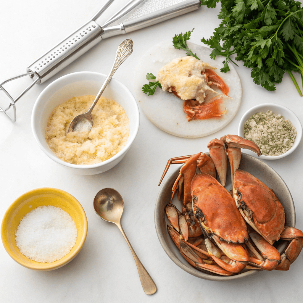 Ingredients for making the perfect crab brulee, including fresh crab, sugar, parsley, and salt on a kitchen counter.