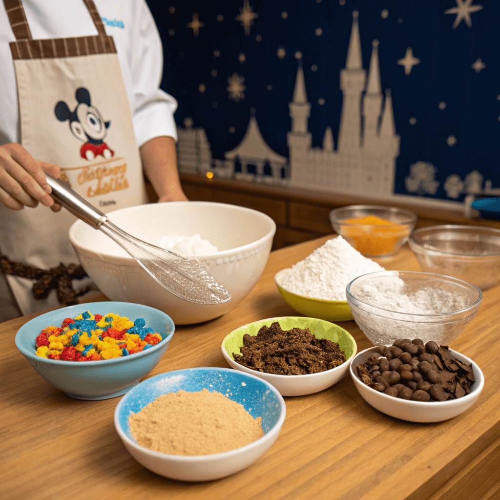 Essential ingredients and equipment for baking Disney chocolate chip cookies, including flour, butter, sugar, chocolate chips, and a kitchen scale.