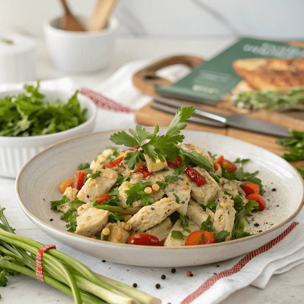 Homemade chicken dressing served in a dish with fresh herbs