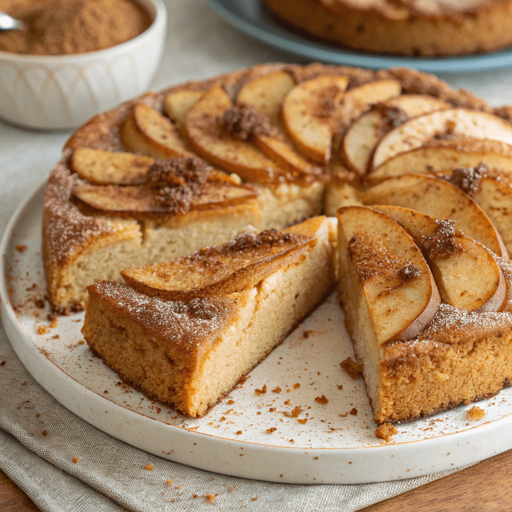 Freshly baked apple coffee cake with a crumbly topping, served on a plate