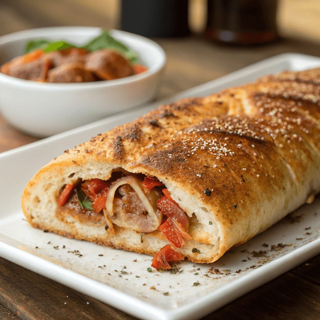 Sliced homemade stromboli filled with melted cheese, pepperoni, and herbs on a wooden cutting board.