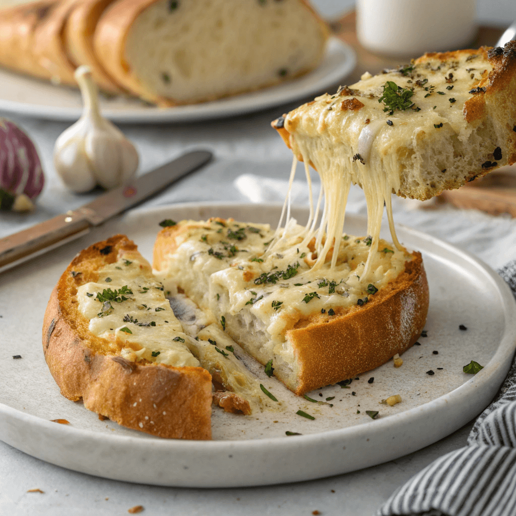 Sliced cheesy garlic bread topped with melted cheese and herbs on a wooden serving board.
