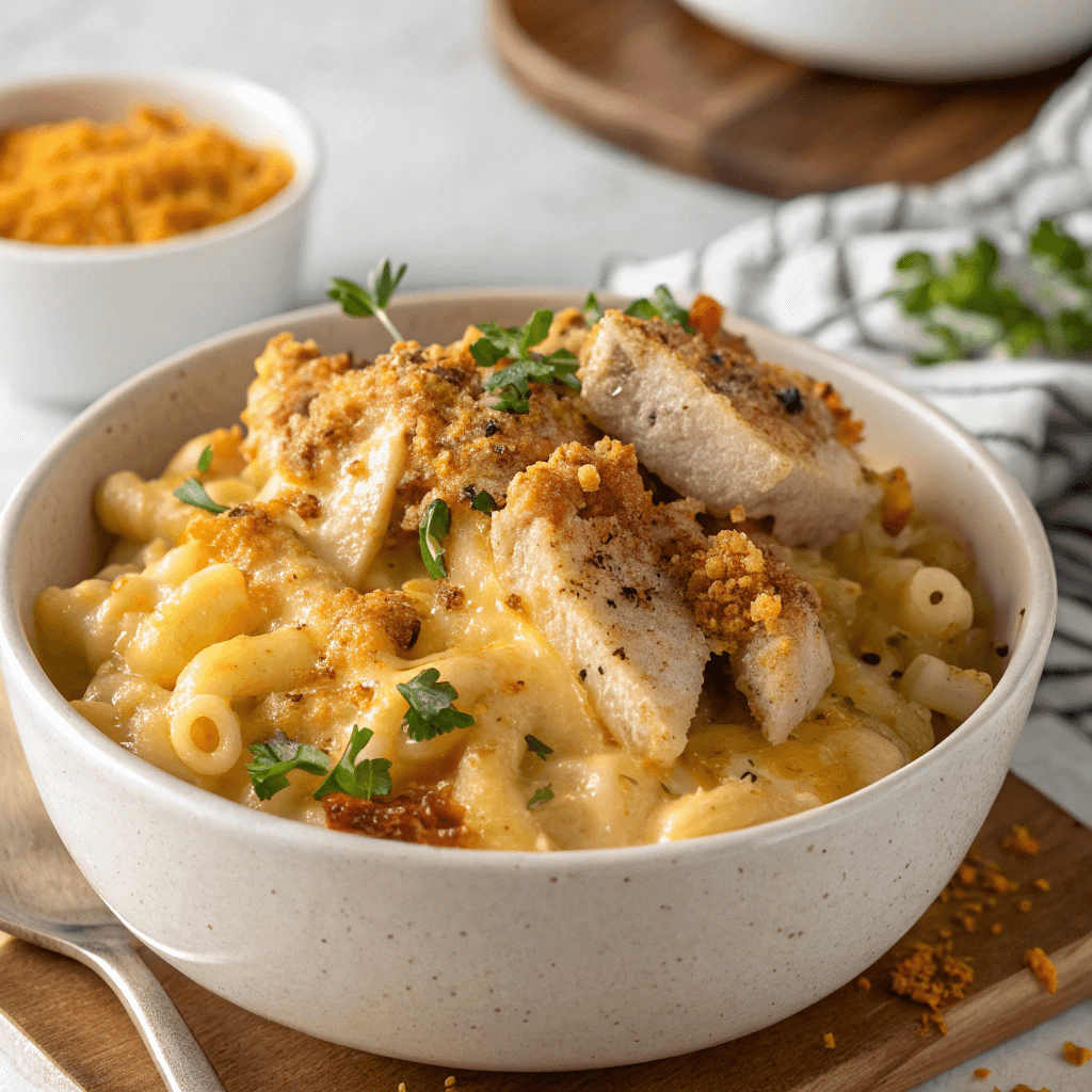 A bowl of creamy mac and cheese topped with golden honey-glazed chicken and cracked black pepper.